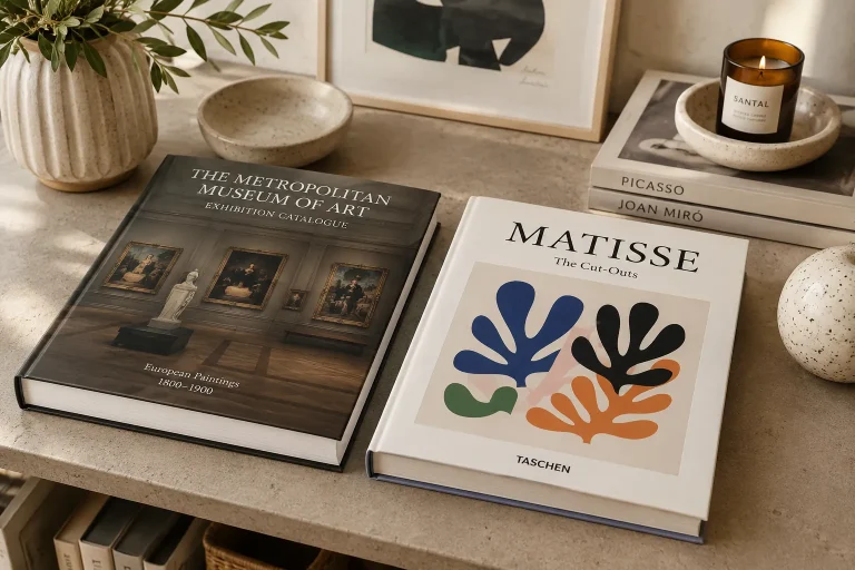 Museum catalogue and coffee table book side by side on a neutral coffee table with art prints and ceramic decor