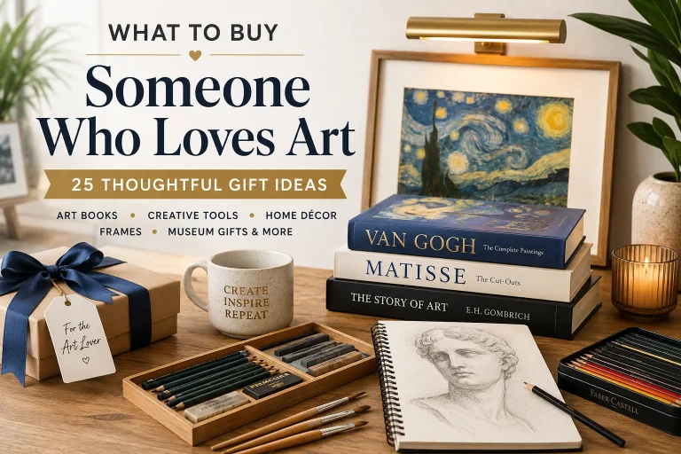 Curated art lover gift ideas featuring coffee table books, sketchbooks, art supplies, framed artwork, picture lighting, and creative home décor.