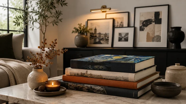 Elegant coffee table books displayed with framed artwork, warm lighting, and stylish creative home decor.