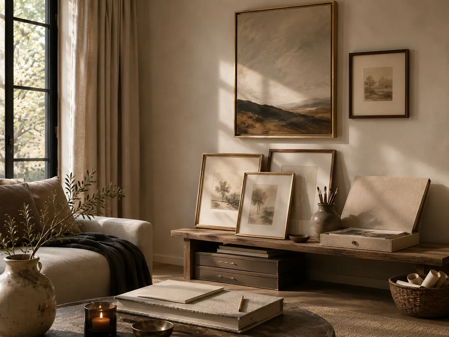 Curated framed artwork and picture display in a warm interior