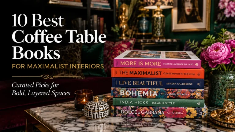 Colorful coffee table books stacked on a marble table in a richly layered maximalist living room with bold decor and luxury accents