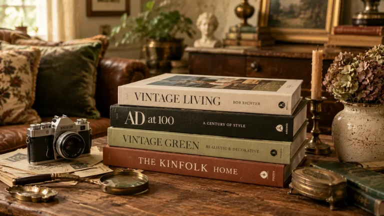 Vintage coffee table books styled on a wooden table with antique decor accessories and warm neutral interior styling