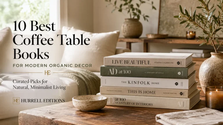 Neutral coffee table books styled on a wooden table in a modern organic living room with natural textures and warm decor