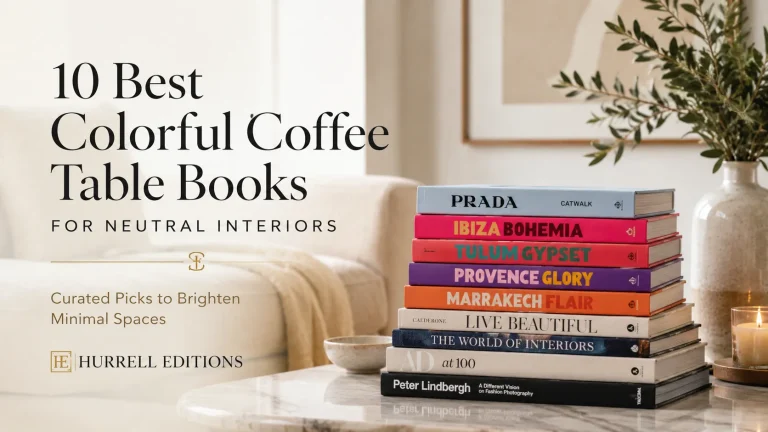 A beautifully styled neutral living room coffee table with colorful coffee table books, a candle, ceramic decor, and warm minimalist styling.