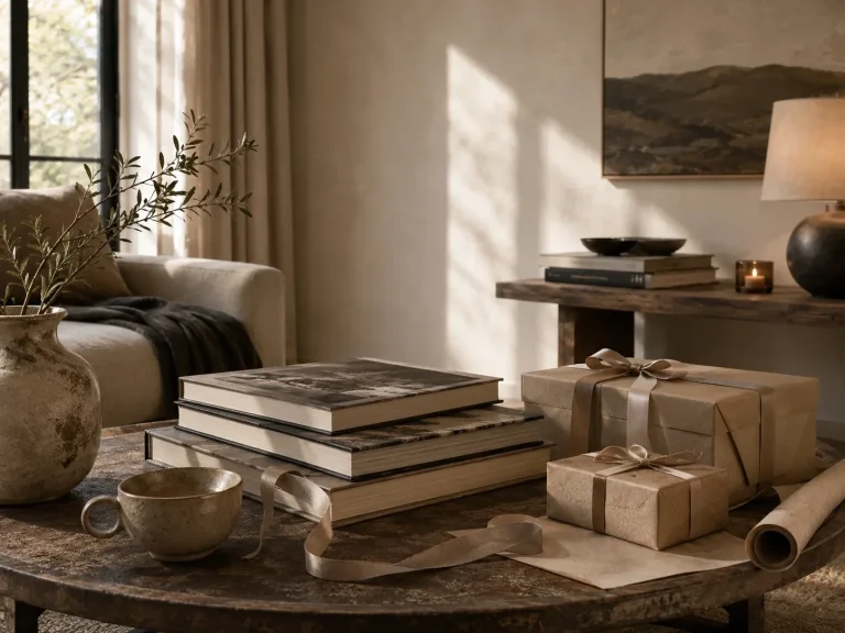 Coffee table books and wrapped gifts in an elegant living space