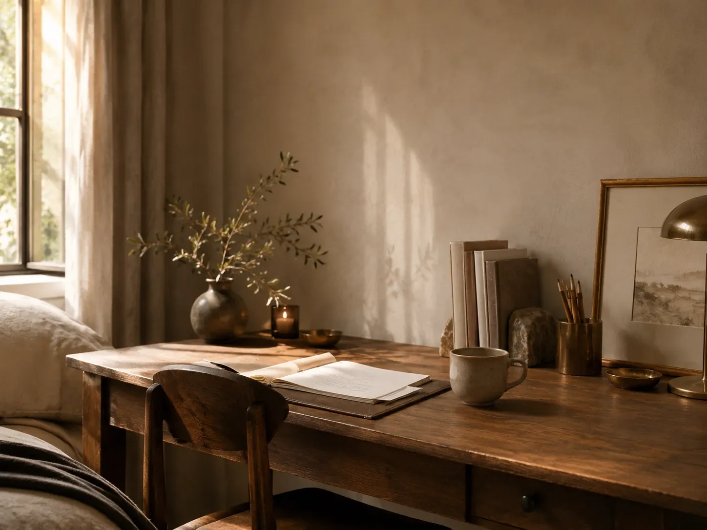 Creative home office desk with artwork, books and natural light