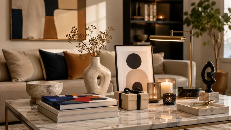 Modern art gift ideas with coffee table books, abstract decor pieces, candles, and stylish home accessories on a modern table.