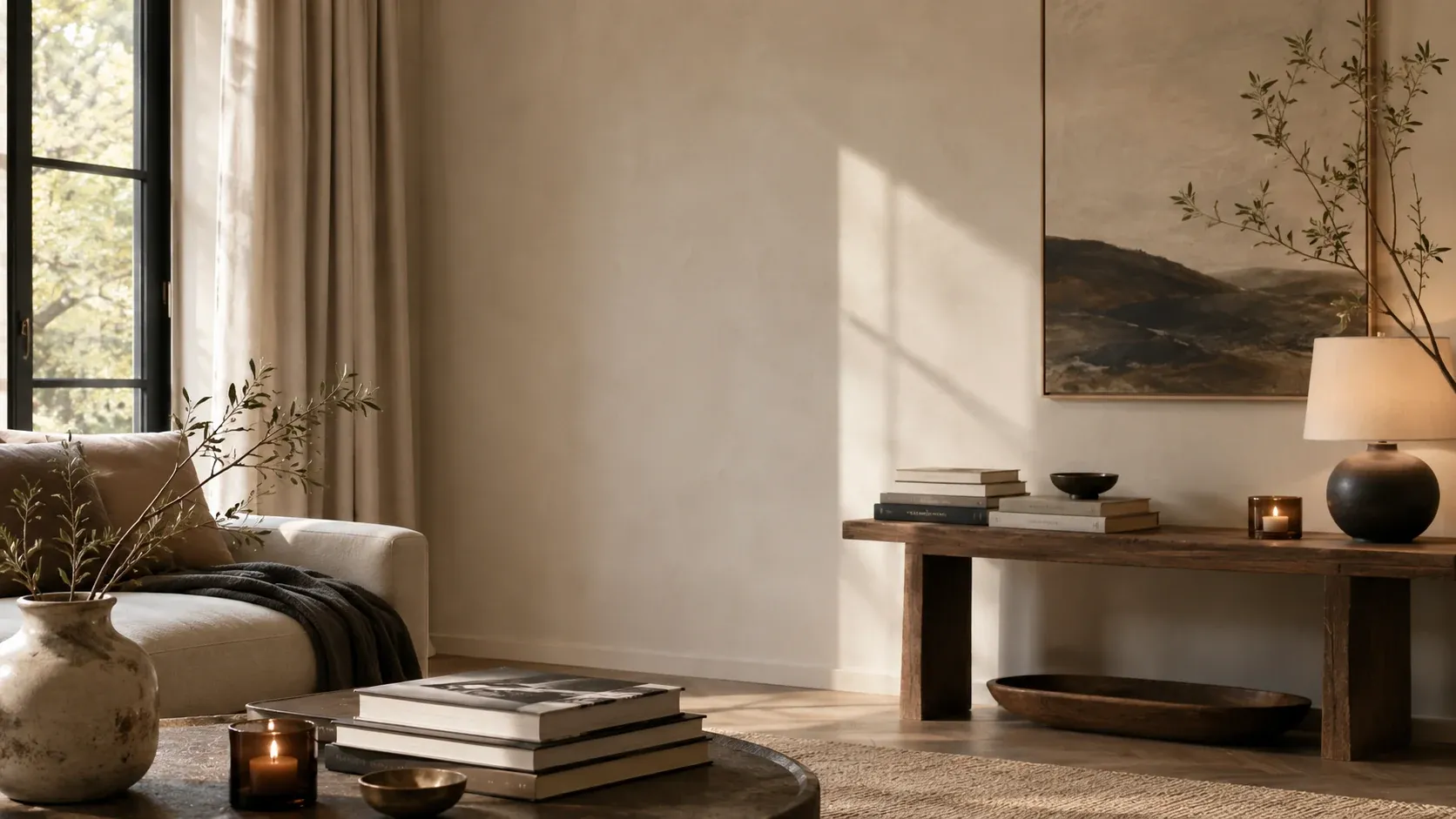 Artful living room with framed artwork, books and warm ambient lighting