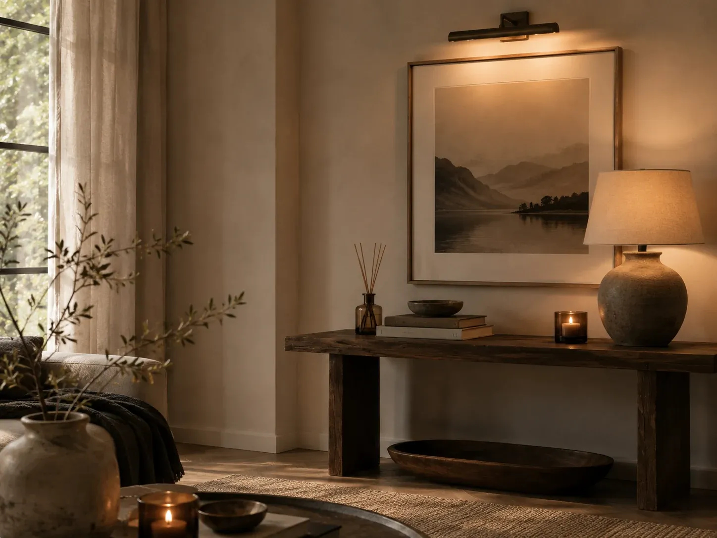 Picture light, table lamp and candle creating warm home ambience