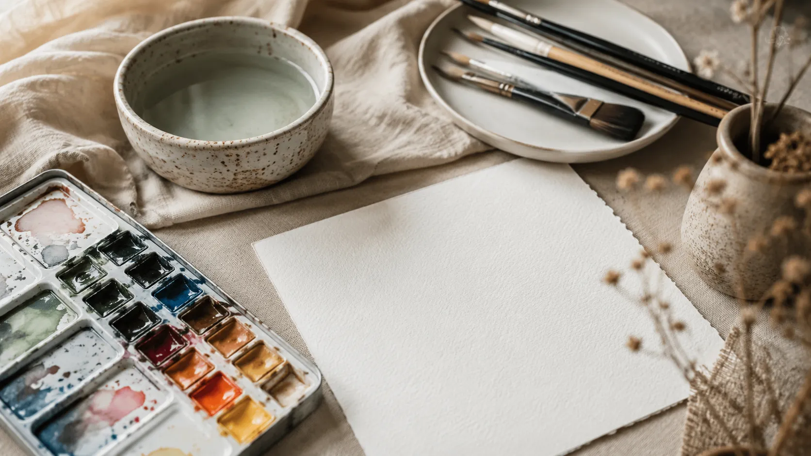 Premium watercolour paper pad with paint palette, brushes, ceramic water bowl, and watercolor artwork on a bright artist workspace
