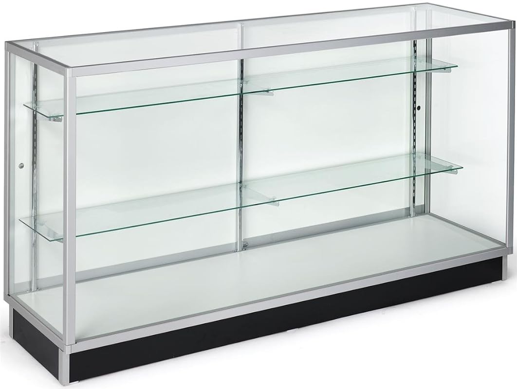 Displays2Go Free-Standing Glass Display Case, 70-Inch Retail Showcase with Locking Sliding Doors