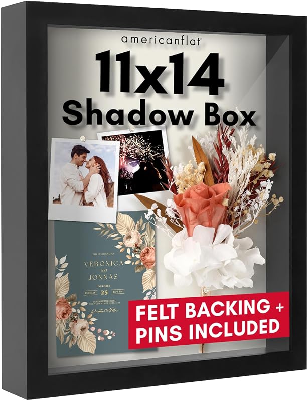 Americanflat 11x14 Shadow Box Frame, Shatter-Resistant Glass, Felt Back, Black Display Case