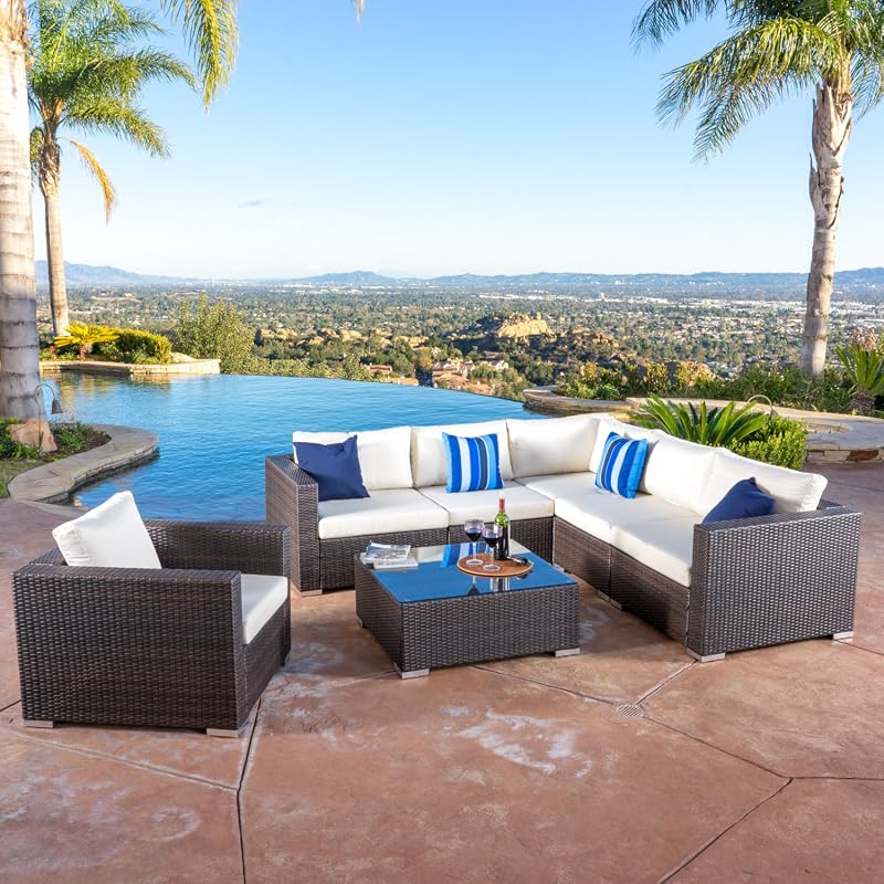 Christopher Knight Home Santa Rosa 6-seater outdoor wicker sectional sofa set with aluminum frame in multibrown and beige