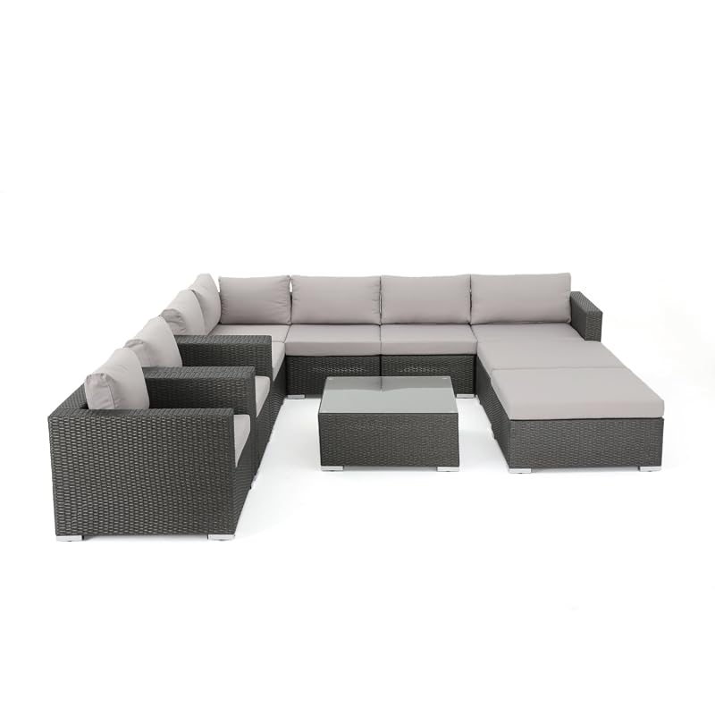 Christopher Knight Home Santa Rosa 7-seater outdoor wicker sectional sofa with aluminum frame in grey and silver