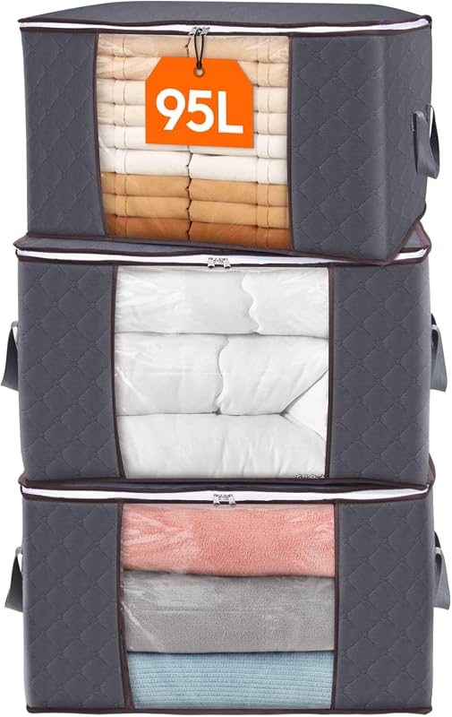 Lifewit 3-Pack 90L Clothes Storage Bins with Lids, Clear Window and Reinforced Handles