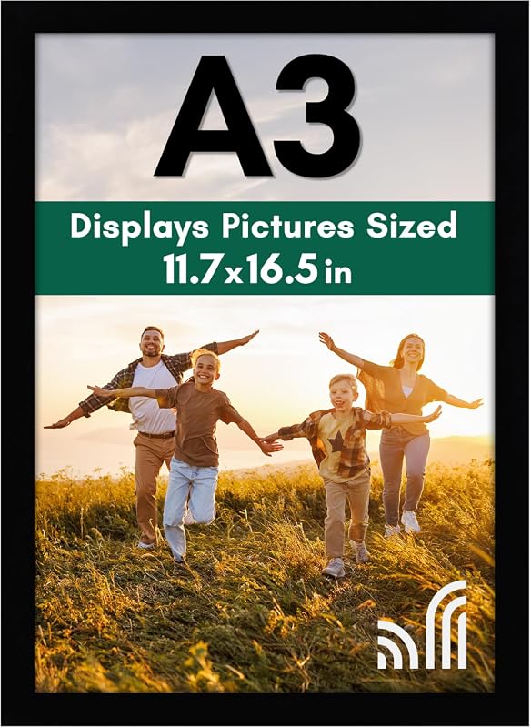 Americanflat A3 Picture Frame with Shatter-Resistant Glass, Engineered Wood Wall Display, Black