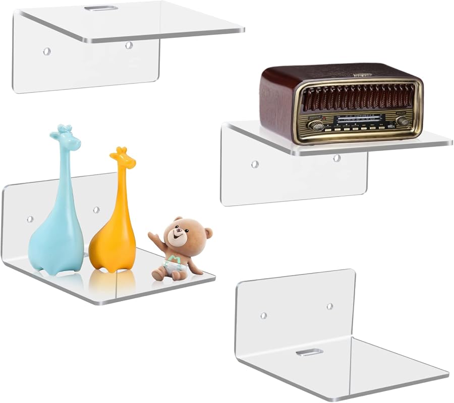 4 pack 4-inch acrylic wall shelves with adhesive or screw mounting