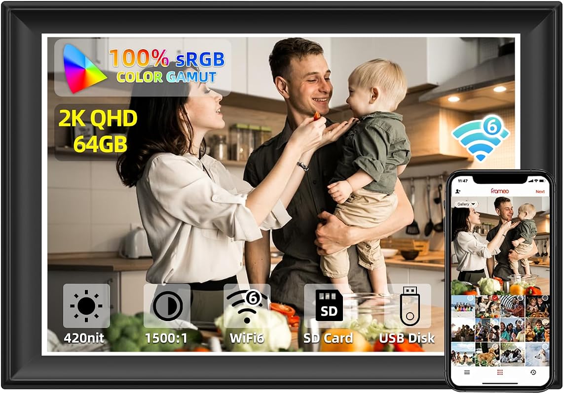 11-inch 2K WiFi6 digital picture frame with 64GB and Frameo app sharing