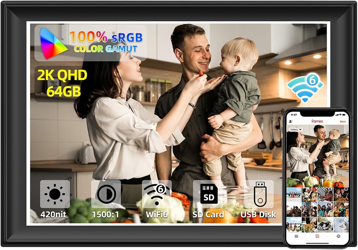 2K 11-Inch WiFi6 Digital Picture Frame, 64GB, FHD IPS Touchscreen, Frameo Sharing
