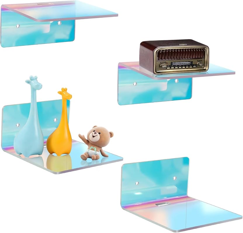 4 pack iridescent 4-inch acrylic wall shelves with adhesive or screw mounting