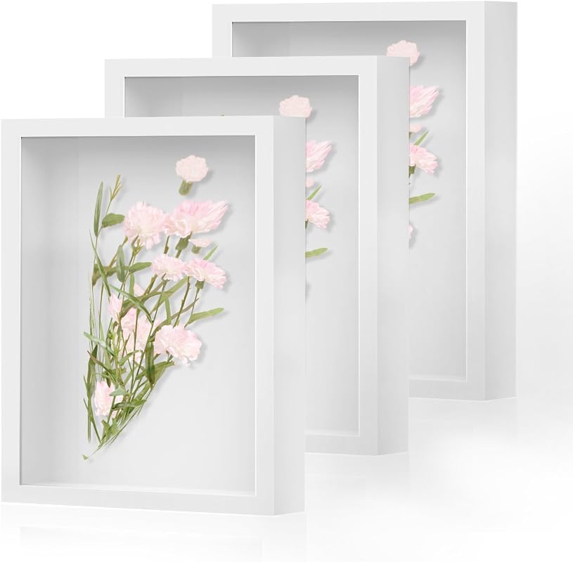 3-pack wood deep white shadow box frames with glass for photos and dried flowers