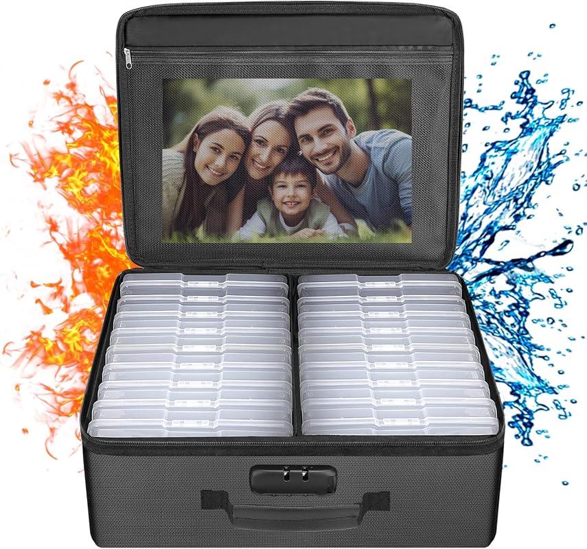 ENGPOW Fireproof Photo Storage Box with 18 Inner 4x6 Cases, Lock, Handles, Acid-Free