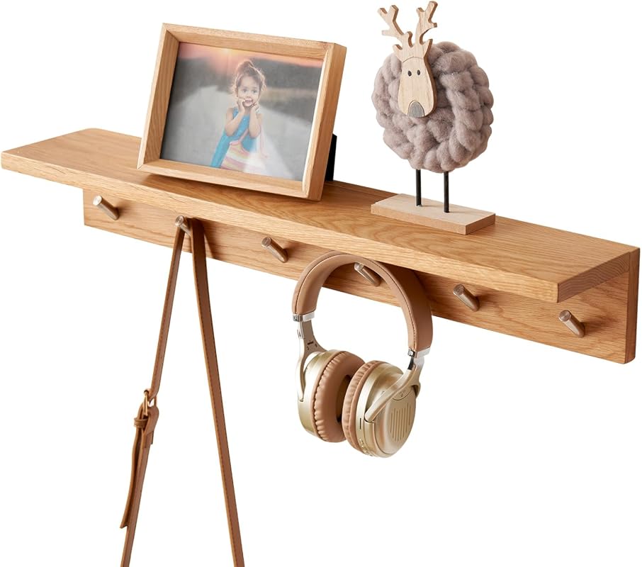 27.5-inch oak wood wall-mounted coat rack with shelf and six hooks