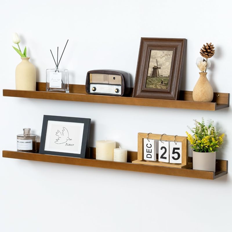 FLYJOE 36-inch solid pine floating picture ledge shelves, set of 2, walnut wall decor