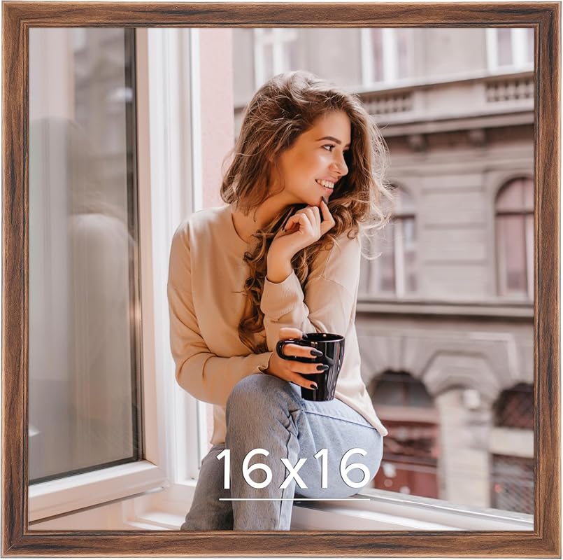 16x16 rustic brown wood picture frame with HD plexiglass