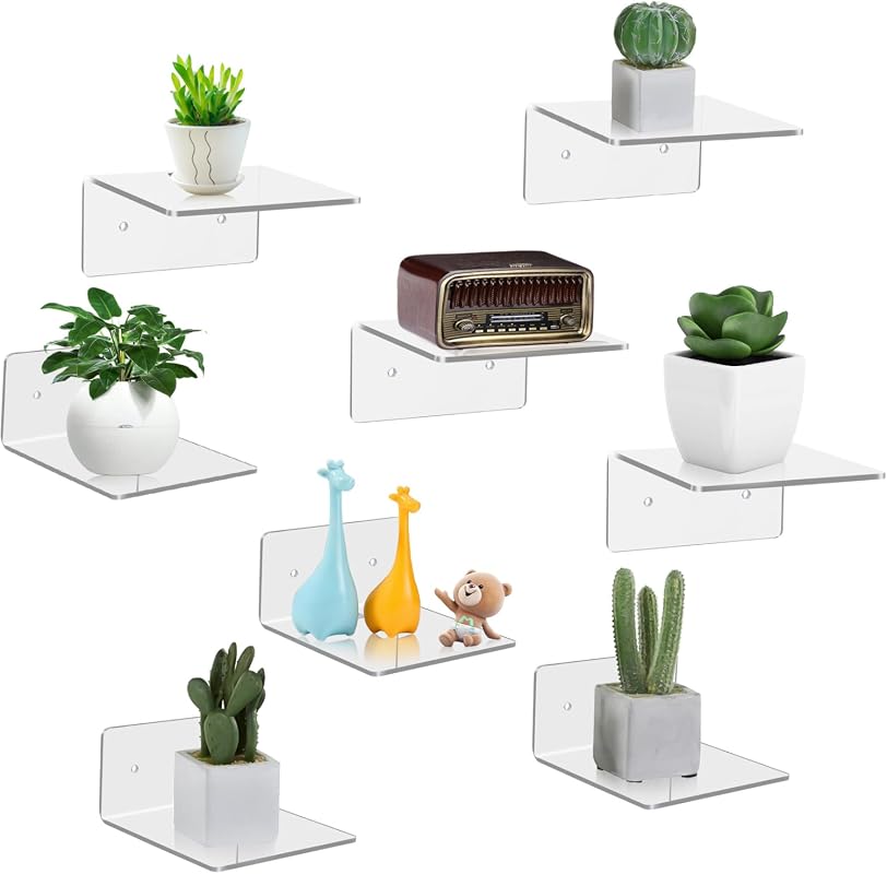 8 pack 4-inch acrylic wall shelves with adhesive or screw mounting