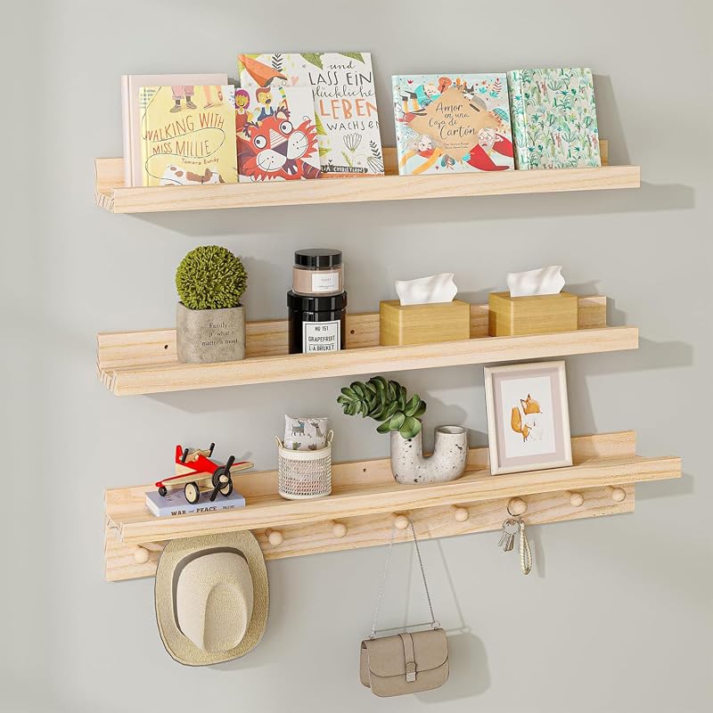 MBYD 36-inch natural wood floating shelf with hooks for nursery books and toy storage
