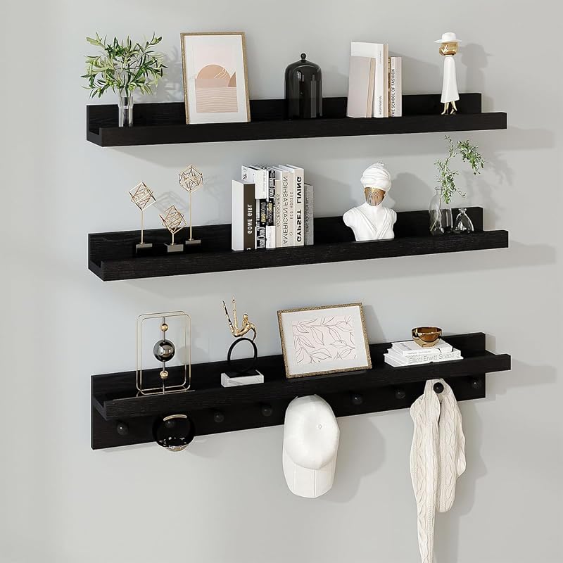 MBYD black floating shelf with hooks and pegs for entryway organization
