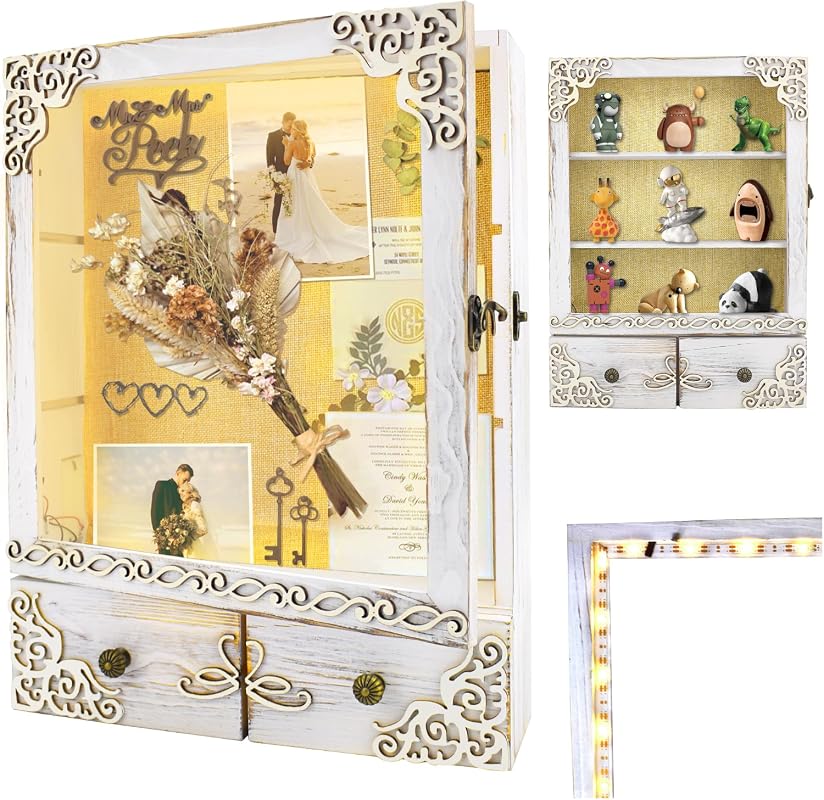 11x16 lighted memorial shadow box frame with shelves drawer and keepsake slot