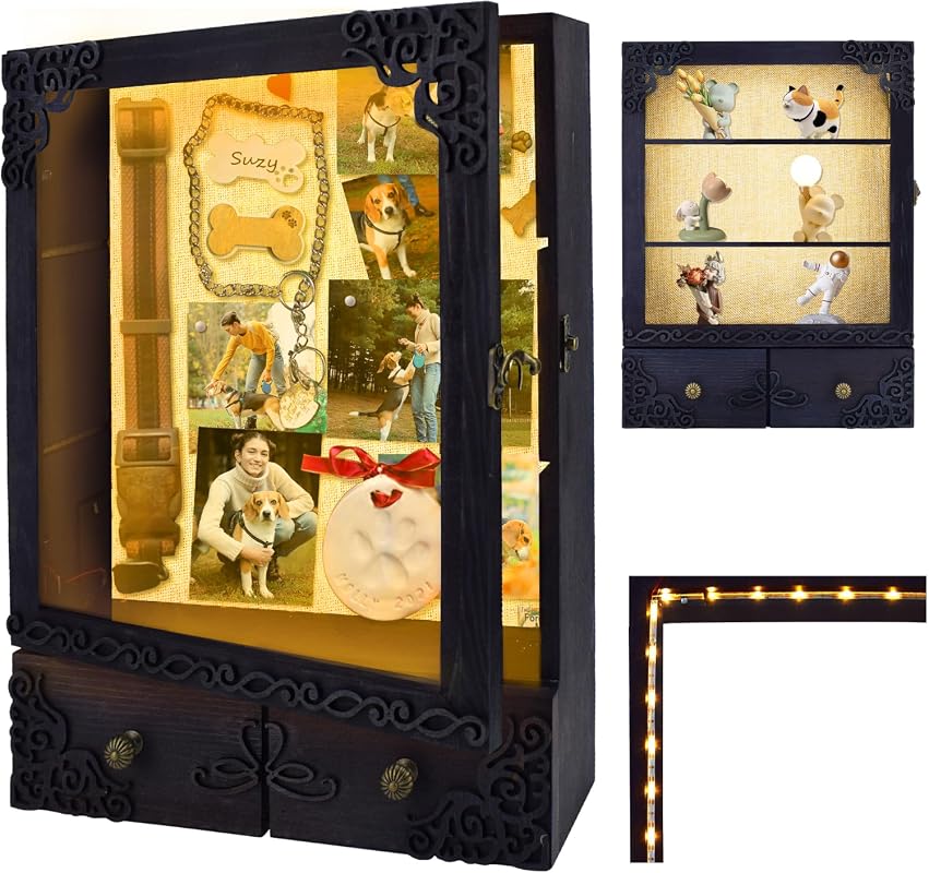 11x16 Shadow Box Frame with Light, Deep Memorial Display Case with Shelves, Drawer and Slot