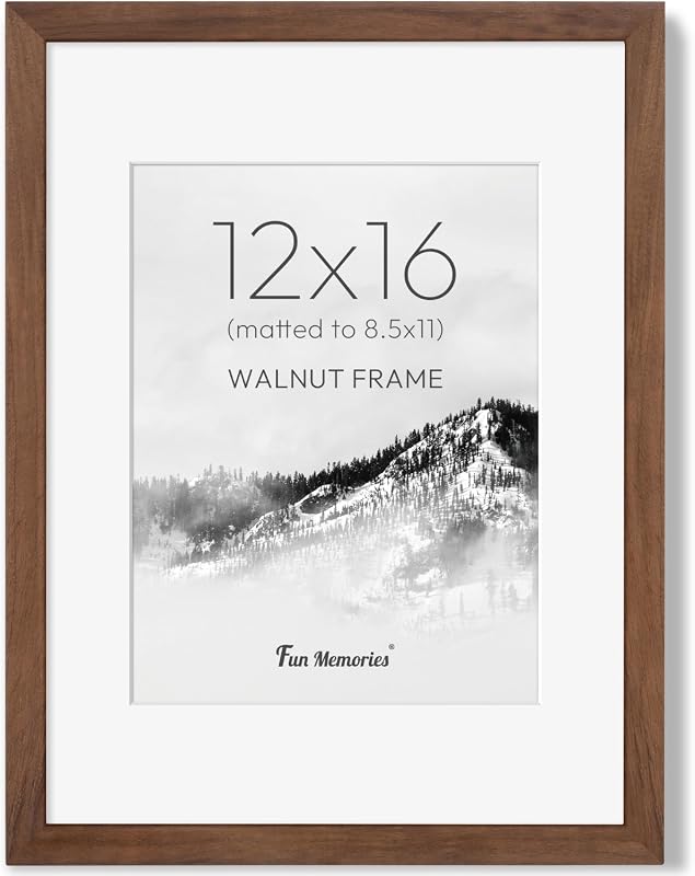 Walnut wood 12x16 picture frame with tempered glass and rustic matted wall display