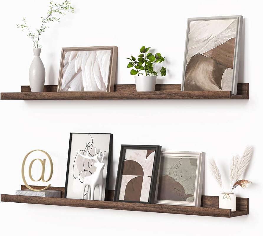 Heimlove 36-inch floating picture ledge shelves, set of 2, walnut wall-mounted kids bookshelf