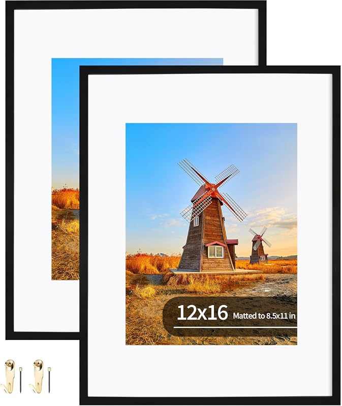 Hongkee 12x16 Metal Picture Frame Set of 2, Black Aluminum with Mat