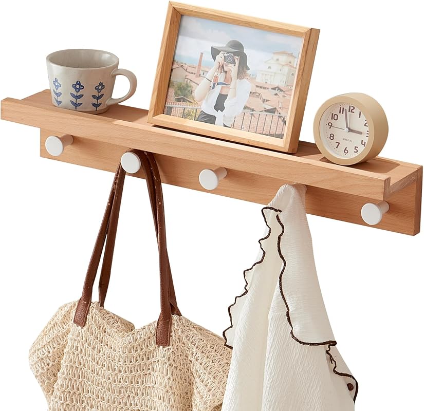 24-inch beech wood wall coat rack with shelf and five hooks