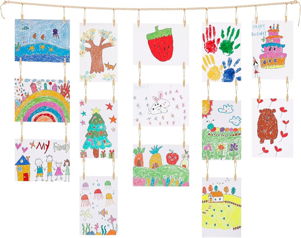 KLOGTSIND Kids Art Display Wall Decor, Wooden Beads Garland Frame Hold