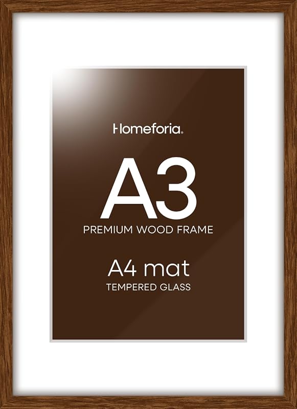 Homeforia A3 Picture Frame, Dark Oak Wood Poster Frame with Mat, Tempered Glass and Wall Kit
