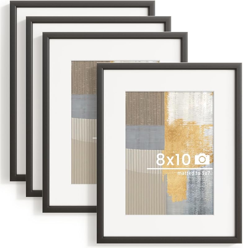 8x10 Thin Aluminum Picture Frames Set of 4, Black with Mat and Plexiglass