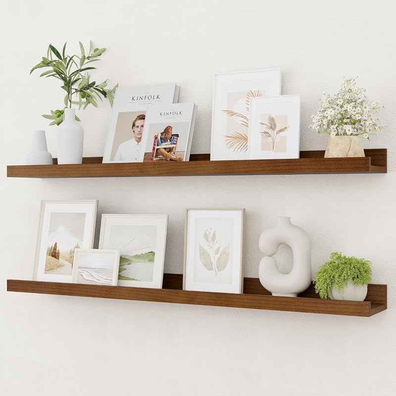 Vivelove 36-inch solid pine picture ledge shelves, set of 2, walnut rustic floating wall shelves