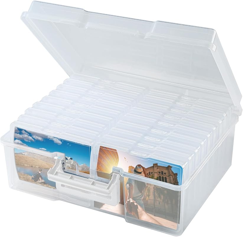 Clear 5x7 Photo Storage Box with 18 Acid-Free Inner Cases, Dividers and Handle