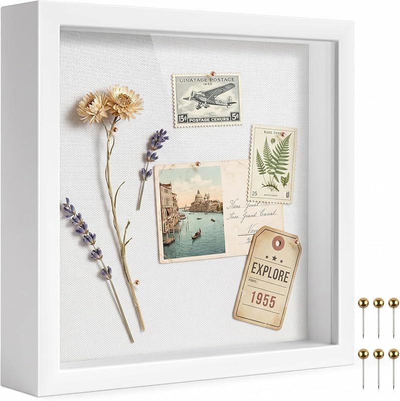 8x8 white shadow box frame with linen back and metal push pins