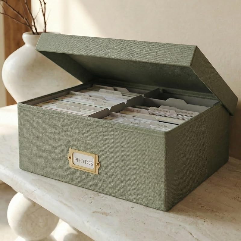 ZICOTO Decorative Linen Photo Storage Box with Dividers, Holds 1700 4x6 Photos, Portable Lid