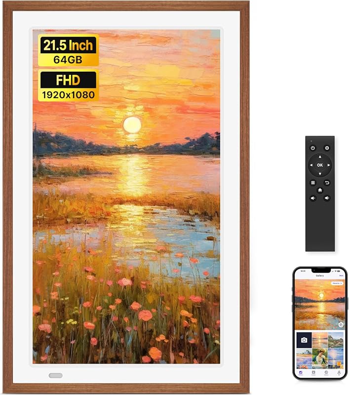 Uhale 21.5-Inch WiFi digital picture frame with wood frame and remote control