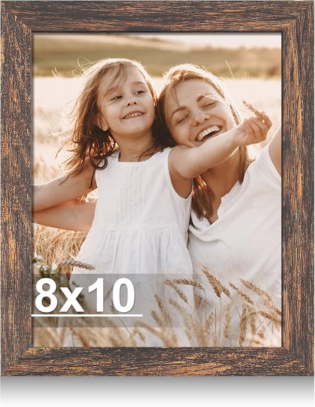 Hongkee 8x10 Picture Frame with Real Glass, Rustic Brown Wood for Wall or Table