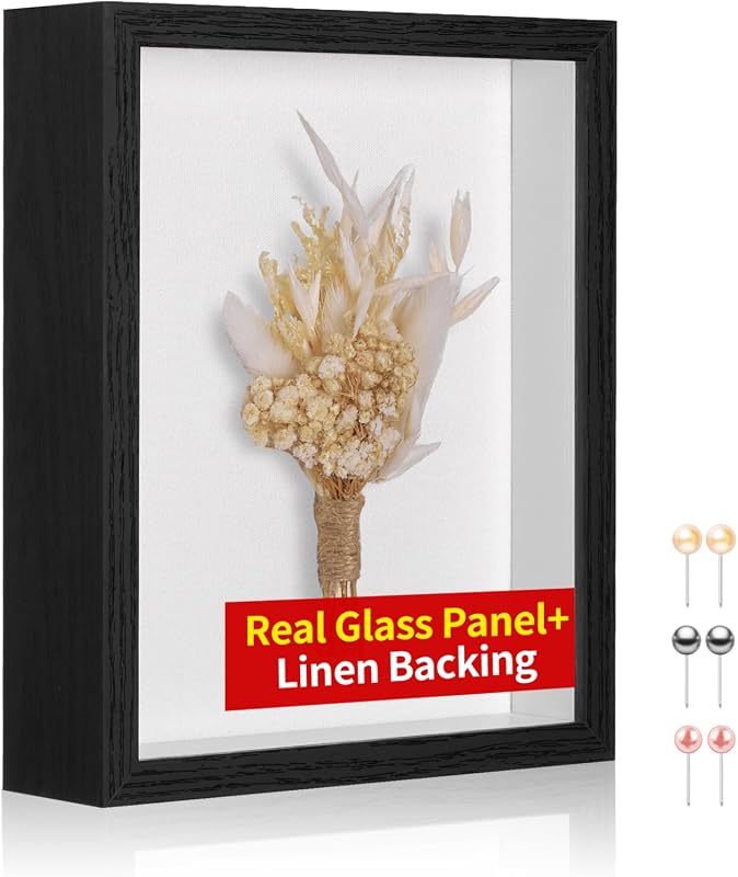 8x10 Black Shadow Box Frame with Real Glass, Linen Back, Deep Memory Display Case