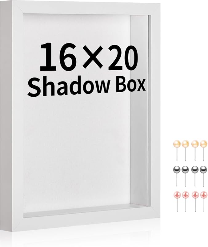 16x20 Deep Shadow Box Frame with Linen Back, White Display Case