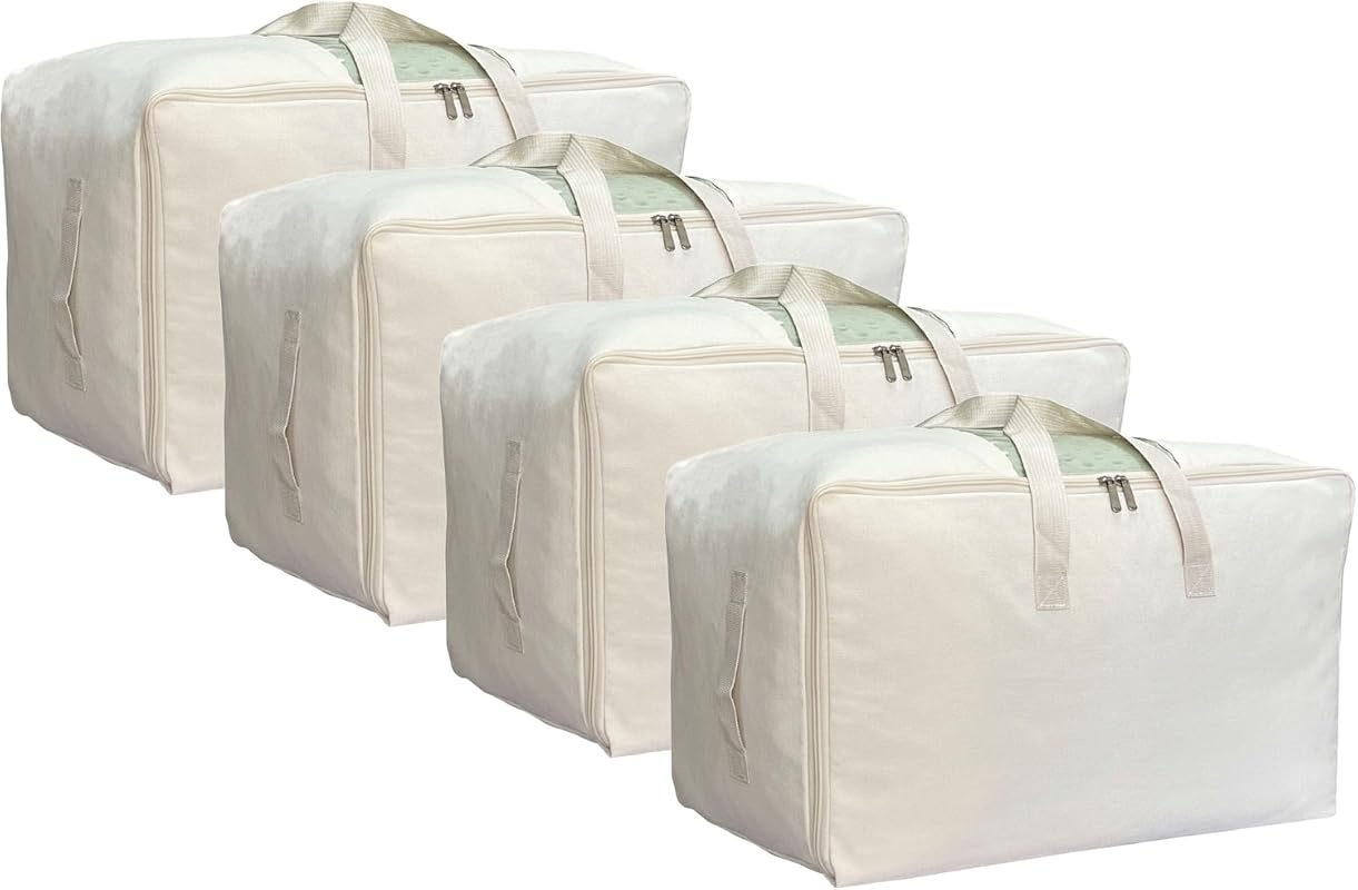 DoYiKe Large Canvas Storage Bags with Zipper Window, 80L Cotton Linen Organizer, 4 Pack